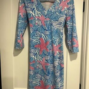 Printed Long Sleeve V-Neck Dress in Blue and Pink “Lilly Like”